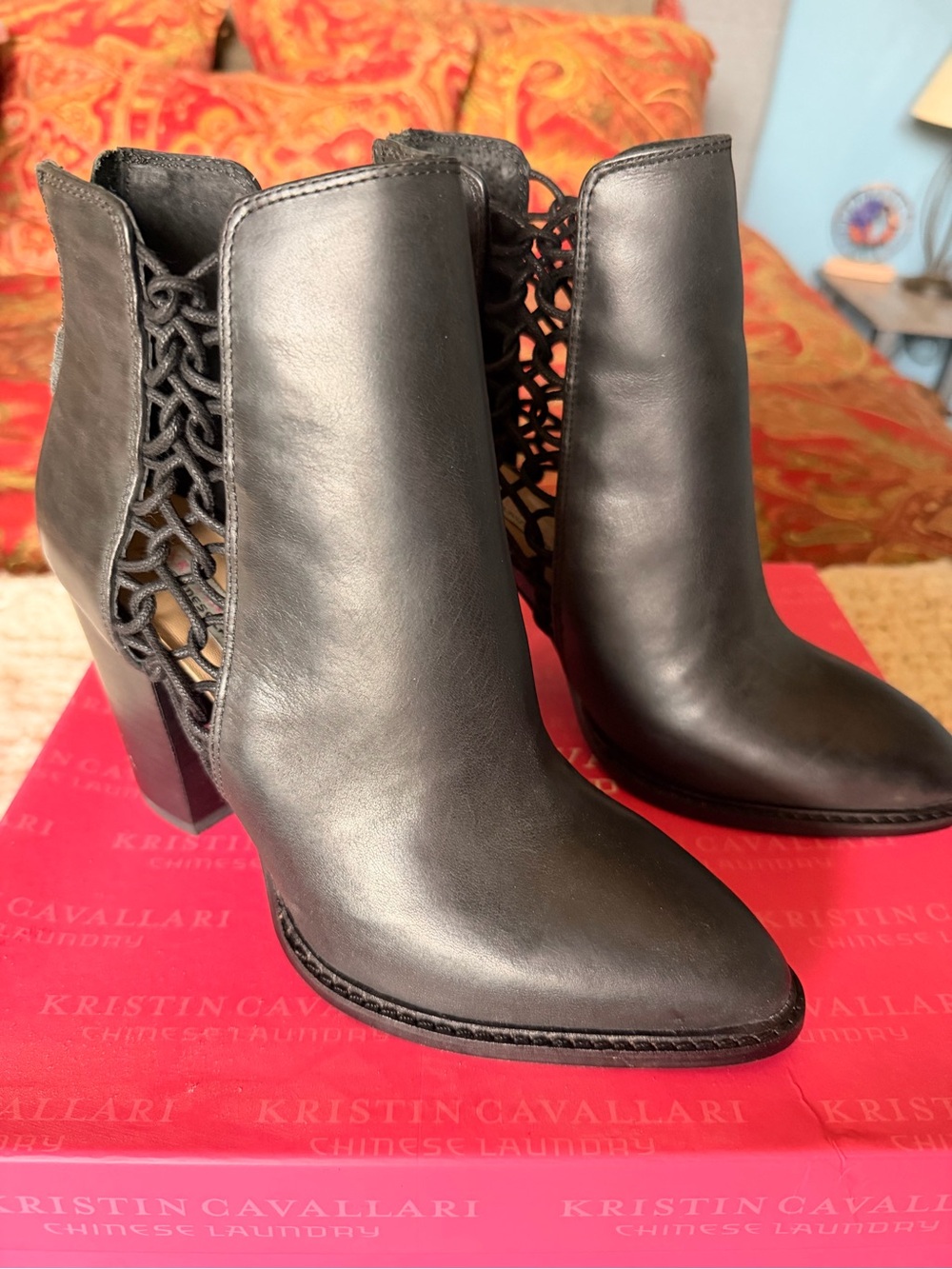 Kristin Cavallari Black Leather Cutout Ankle Boots